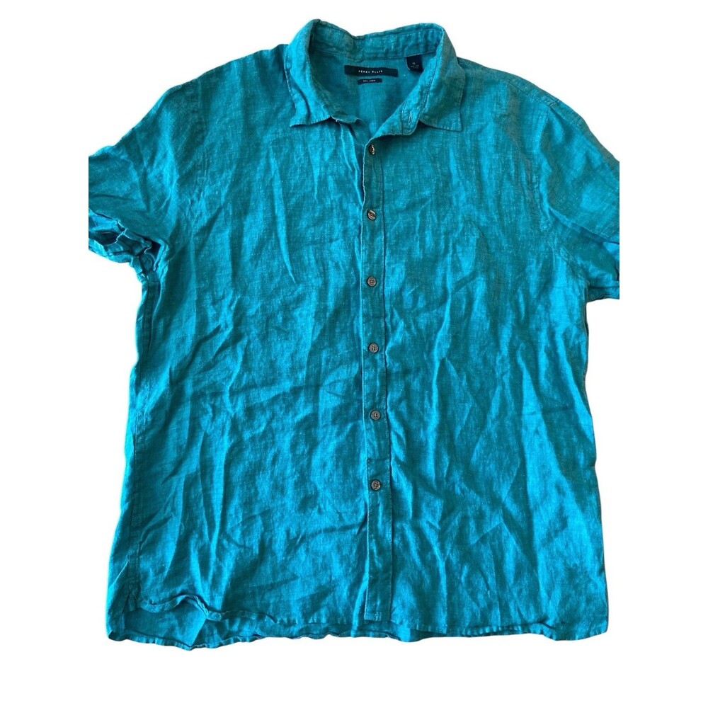 Perry Ellis Men’s 100% Linen Short Sleeve Button Shirt‎ Teal XL Casual Summer